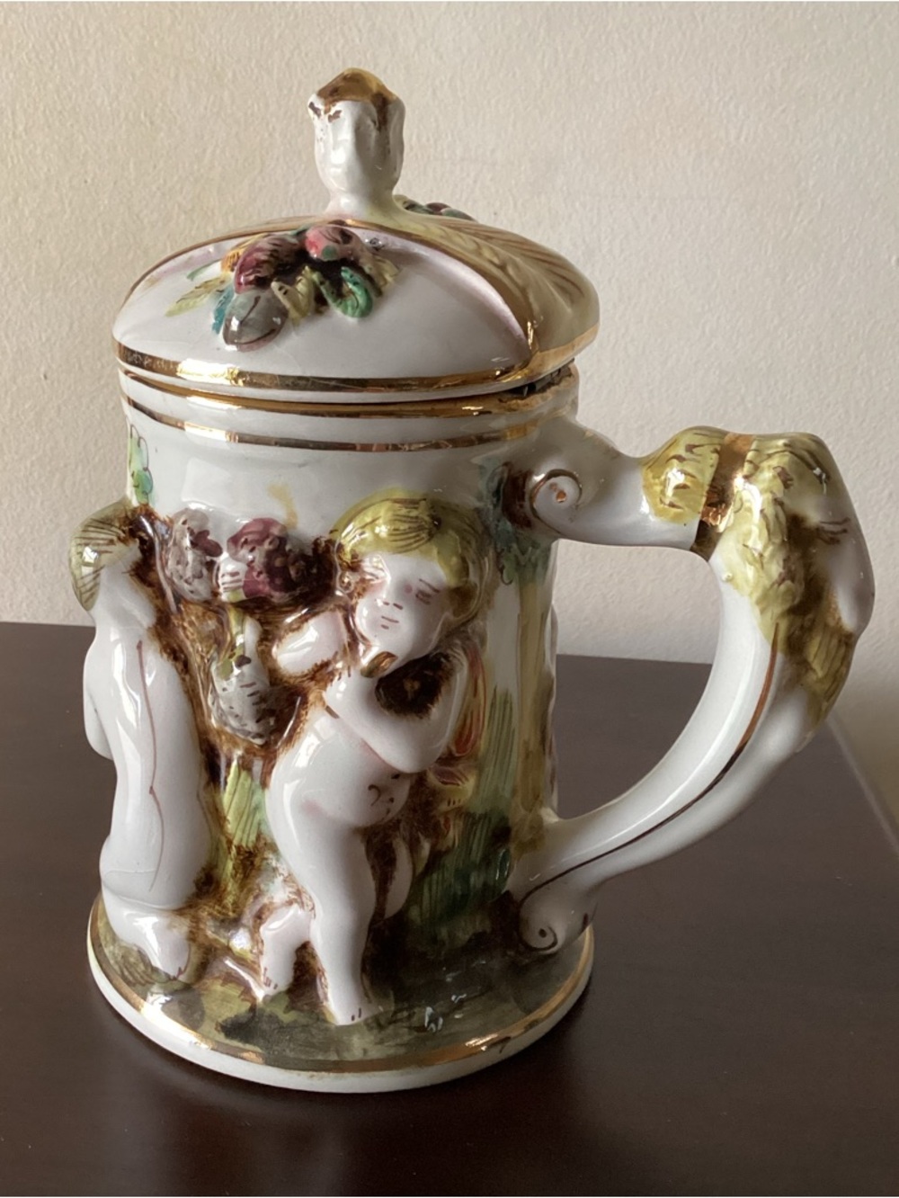 Vintage Capodemonte Cherub Lidded Tankard Stein